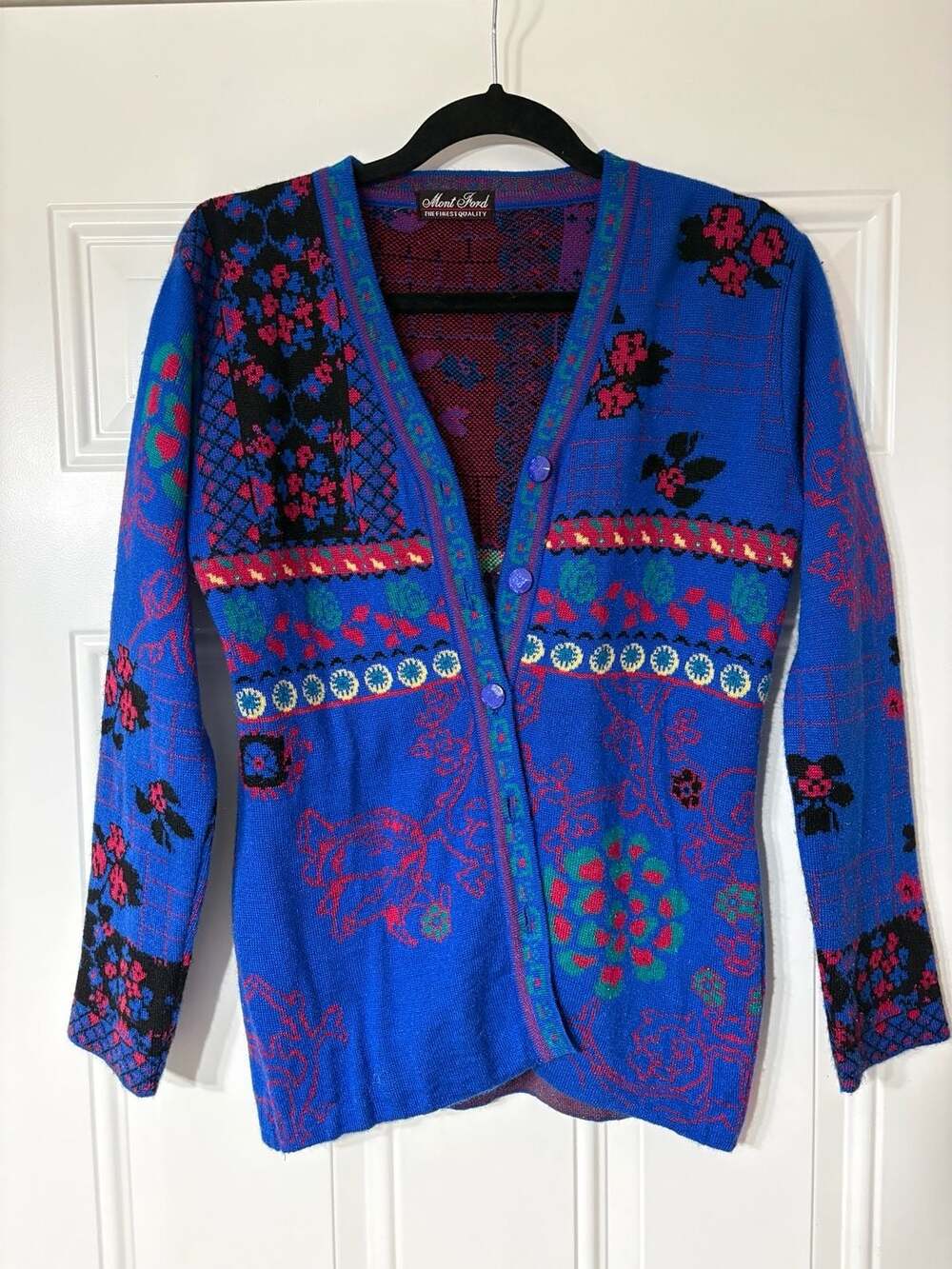 Vintage Mont Ford Royal Blue Floral Patchwork Intarsia Knit V-Neck Cardigan